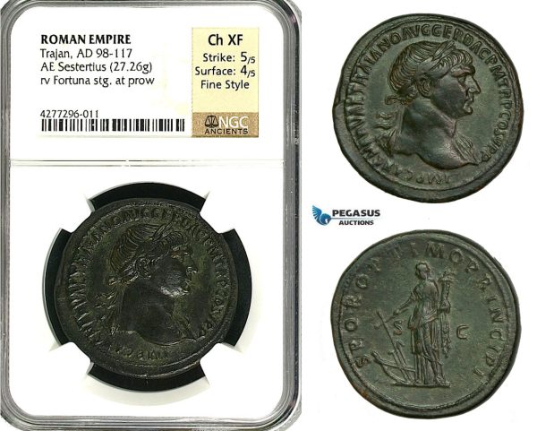 ZC45, Roman Empire, Trajan (98-117 AD) Æ Sestertius (27.26g) Rome, 107 AD, Fortuna, NGC Ch XF, Fine Style