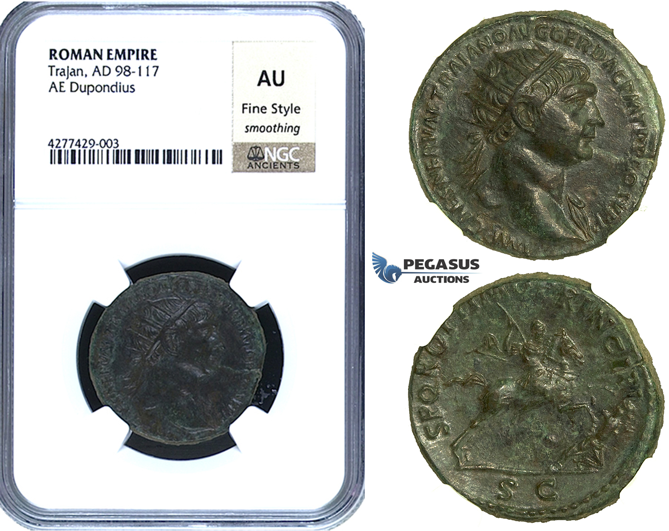 ZC46, Roman Empire, Trajan (98-117 AD) Æ Dupondius, Rome, 105-107 AD. Dacian, NGC AU, Fine Style
