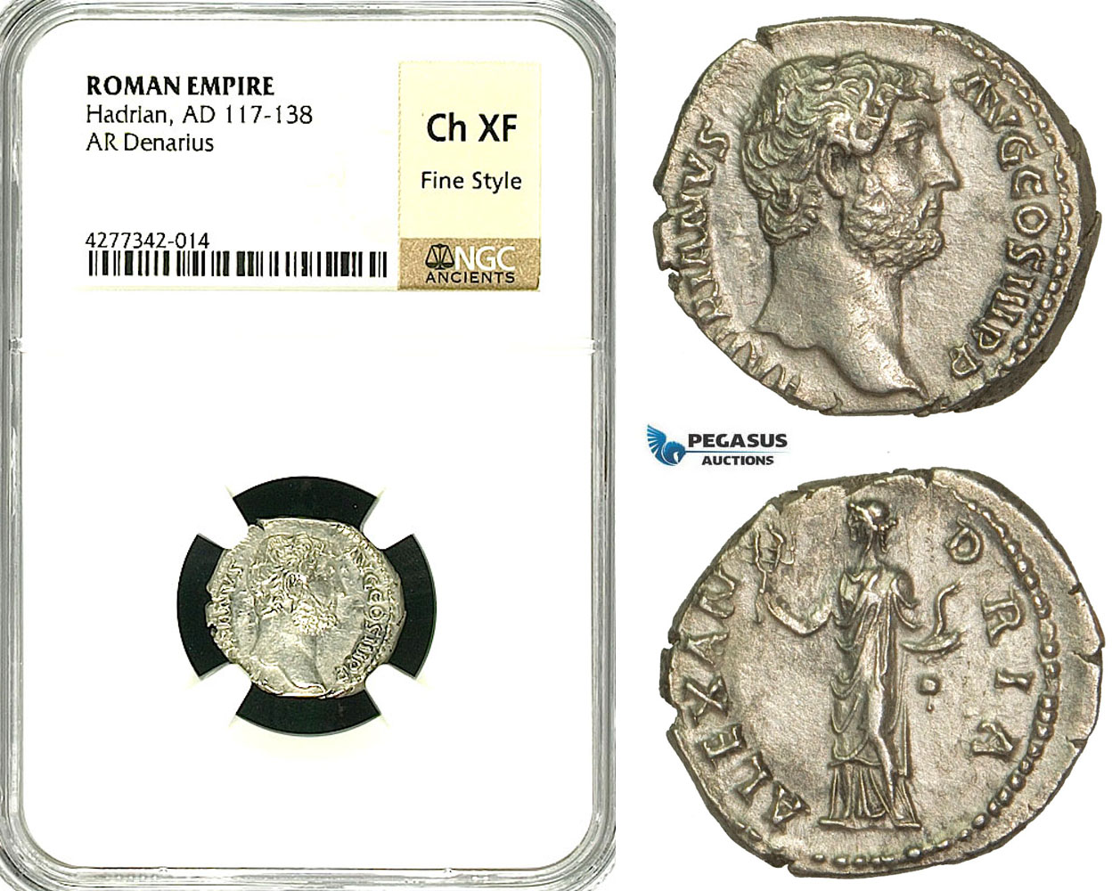 ZC48, Roman Empire, Hadrian (117-138 AD), AR Denarius (3.20g) Rome, 134-138 AD, Alexandria, NGC Ch XF, Fine Style