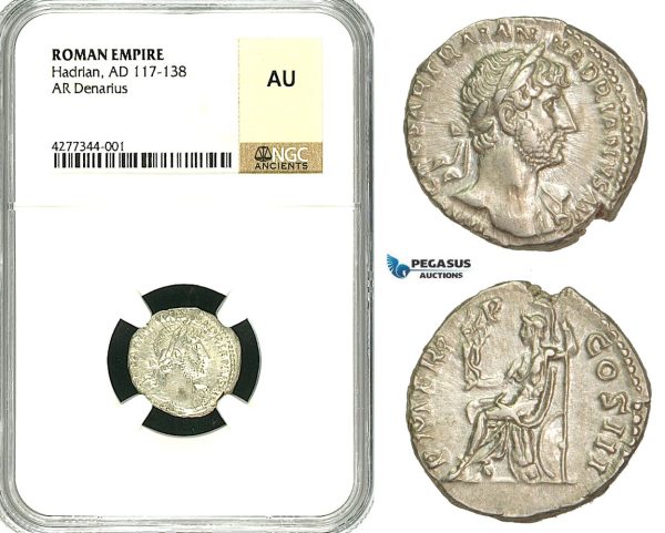ZC49, Roman Empire, Hadrian (117-138 AD), AR Denarius (3.60g) Rome, 119-122 AD, NGC AU