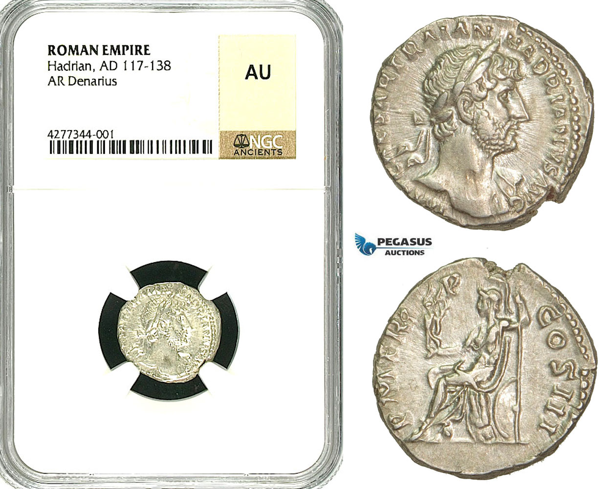 ZC49, Roman Empire, Hadrian (117-138 AD), AR Denarius (3.60g) Rome, 119-122 AD, NGC AU