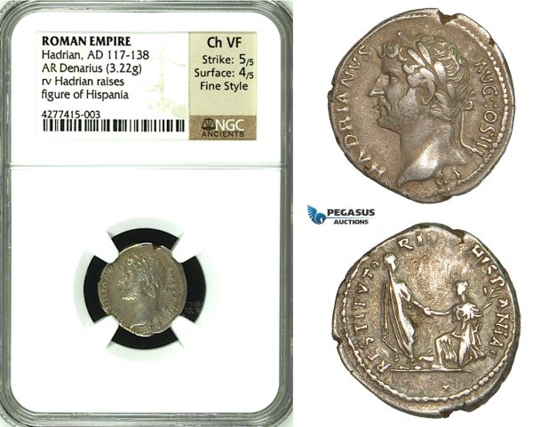 ZC52, Roman Empire, Hadrian (117-138 AD) AR Denarius (3.22g) Rome, 134-138 AD, Hispania, Very Rare! NGC Ch VF, Fine Style