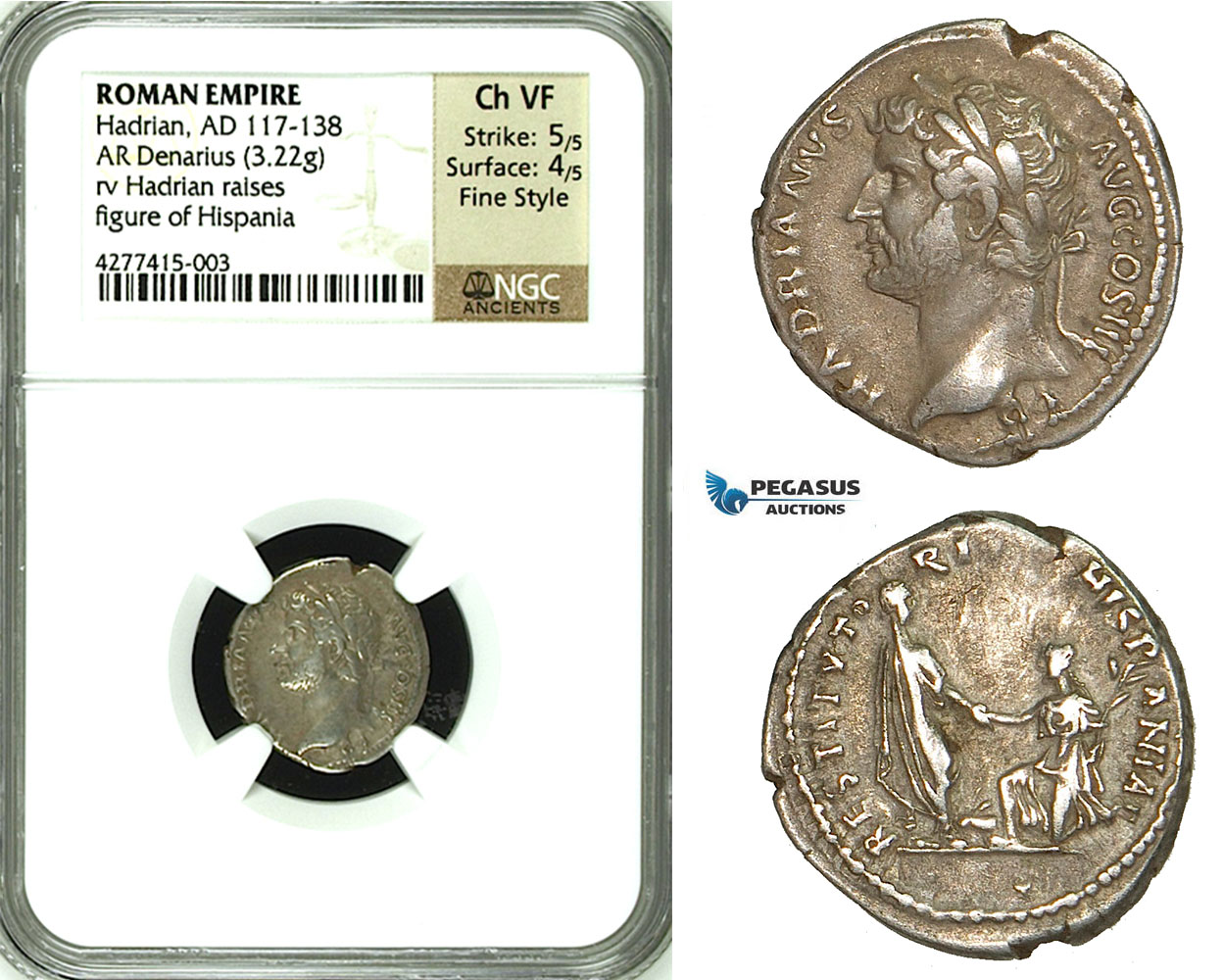 ZC52, Roman Empire, Hadrian (117-138 AD) AR Denarius (3.22g) Rome, 134-138 AD, Hispania, Very Rare! NGC Ch VF, Fine Style