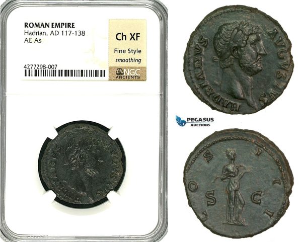 ZC55, Roman Empire, Hadrian (117-138 AD) Æ As (11.19g) Rome, 125-128 AD, Salus, NGC Ch XF, Fine Style