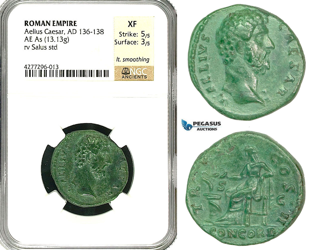 ZC57, Roman Empire, Aelius Caesar (136-138 AD) Æ As (13.13g) Rome, 137 AD, Salus/Concordia, NGC XF