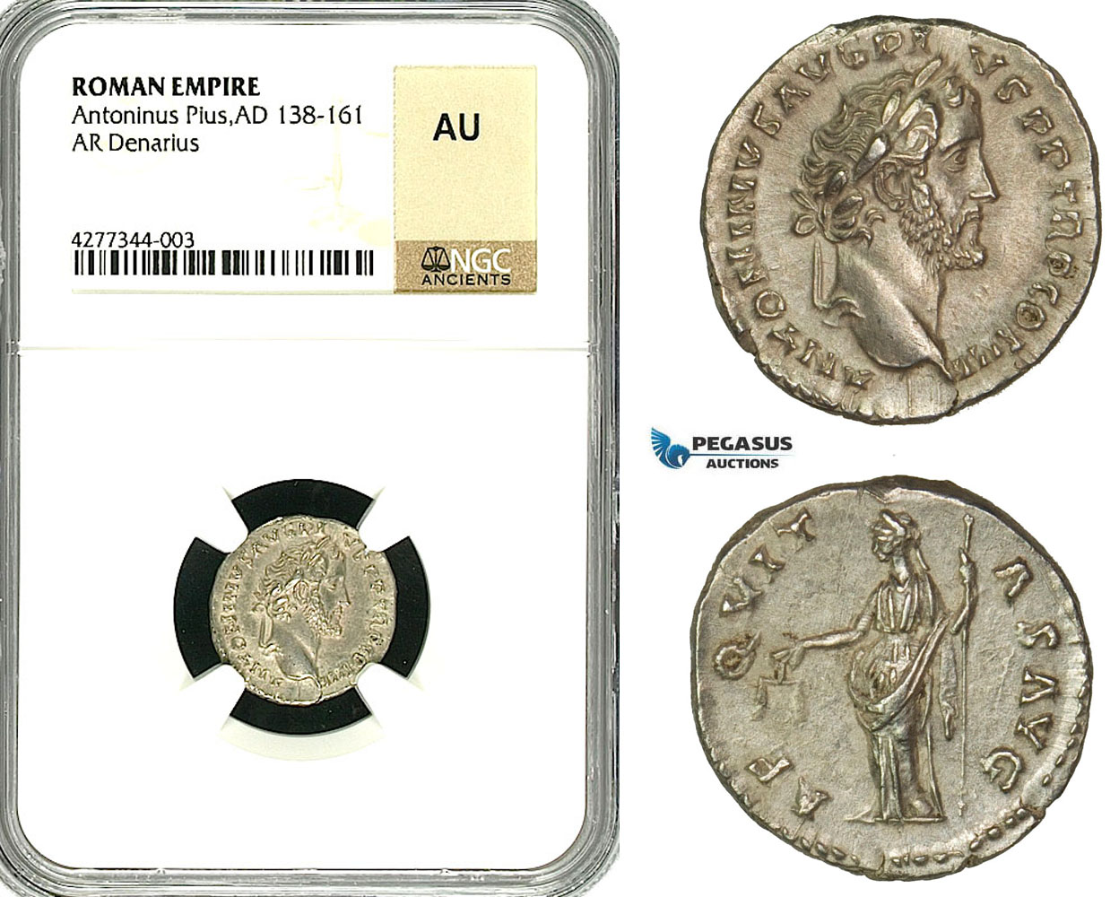 ZC58, Roman Empire, Antoninus Pius (138-161 AD), AR Denarius (2.48g) Rome, Aequitas, NGC AU