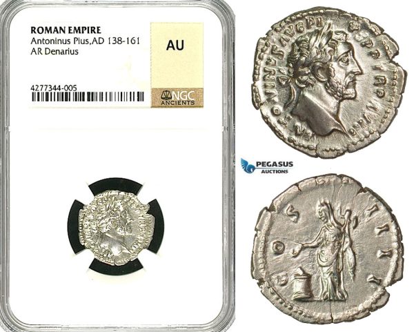 ZC60, Roman Empire, Antoninus Pius (138-161 AD), AR Denarius (2.58g) Rome, Vesta/Altar, NGC AU