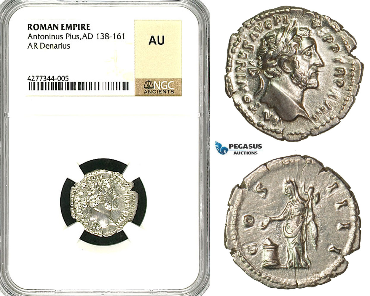 ZC60, Roman Empire, Antoninus Pius (138-161 AD), AR Denarius (2.58g) Rome, Vesta/Altar, NGC AU