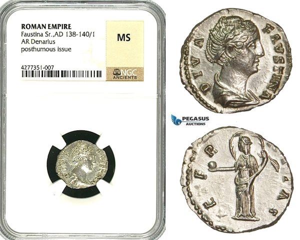 ZC62, Roman Empire, Diva Faustina (d. 140), AR Denarius (2.42g) Rome, Aeternitas, NGC MS