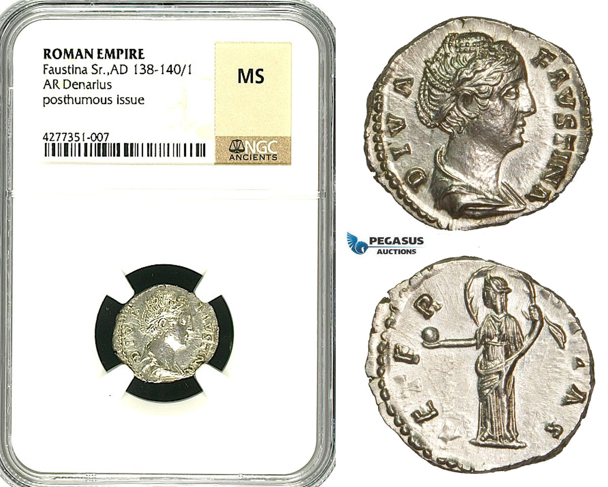 ZC62, Roman Empire, Diva Faustina (d. 140), AR Denarius (2.42g) Rome, Aeternitas, NGC MS