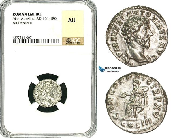 ZC63, Roman Empire, Marcus Aurelius (161-180 AD), AR Denarius (2.92g) Rome, 162-163 AD, Concordia, NGC AU
