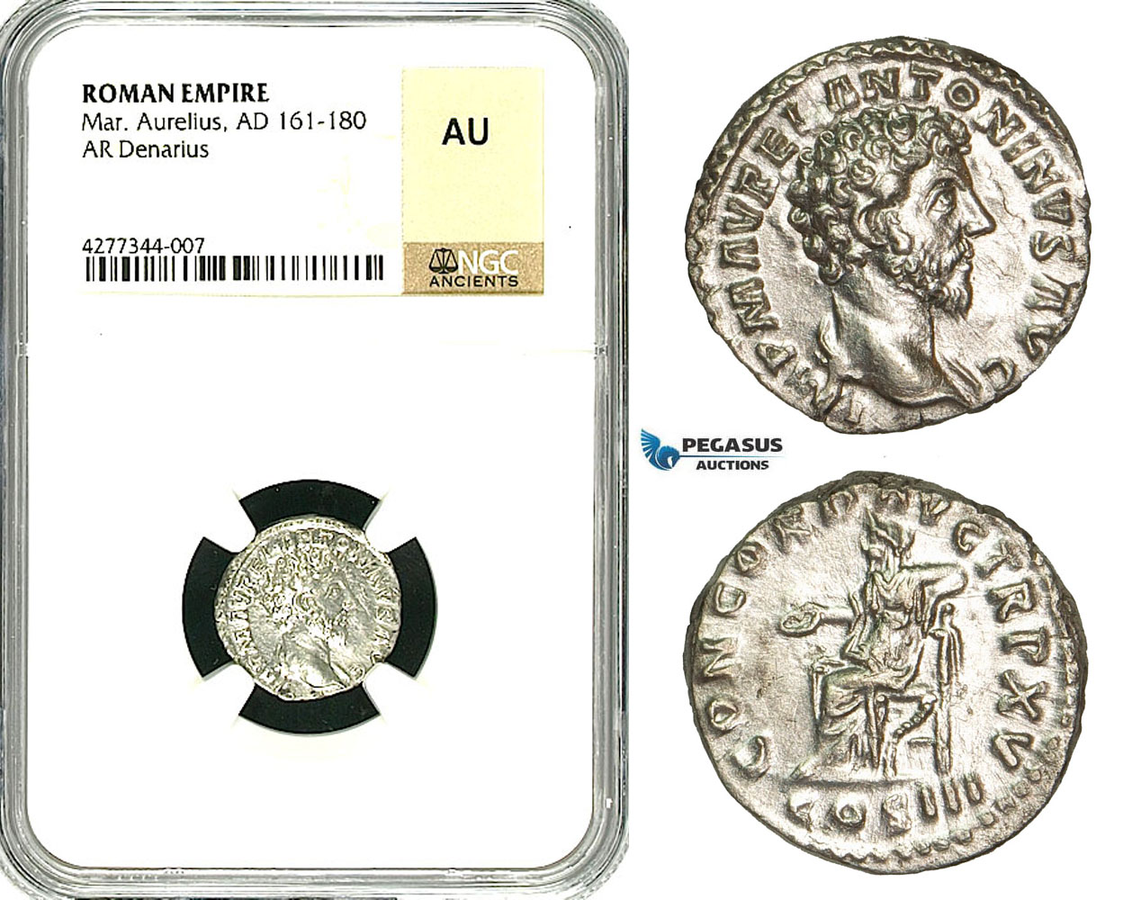 ZC63, Roman Empire, Marcus Aurelius (161-180 AD), AR Denarius (2.92g) Rome, 162-163 AD, Concordia, NGC AU