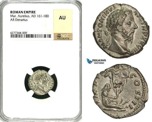 ZC64, Roman Empire, Marcus Aurelius (161-180 AD), AR Denarius (3.22g) Rome, 173-174 AD, Captive, NGC AU