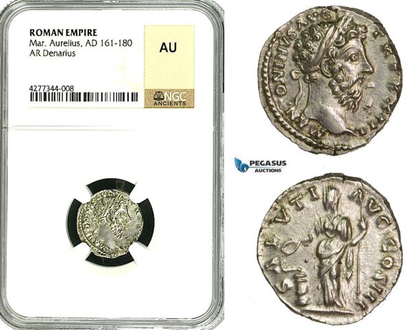 ZC65, Roman Empire, Marcus Aurelius (161-180 AD), AR Denarius (3.04g) Rome, 162-163 AD, Salus, NGC AU
