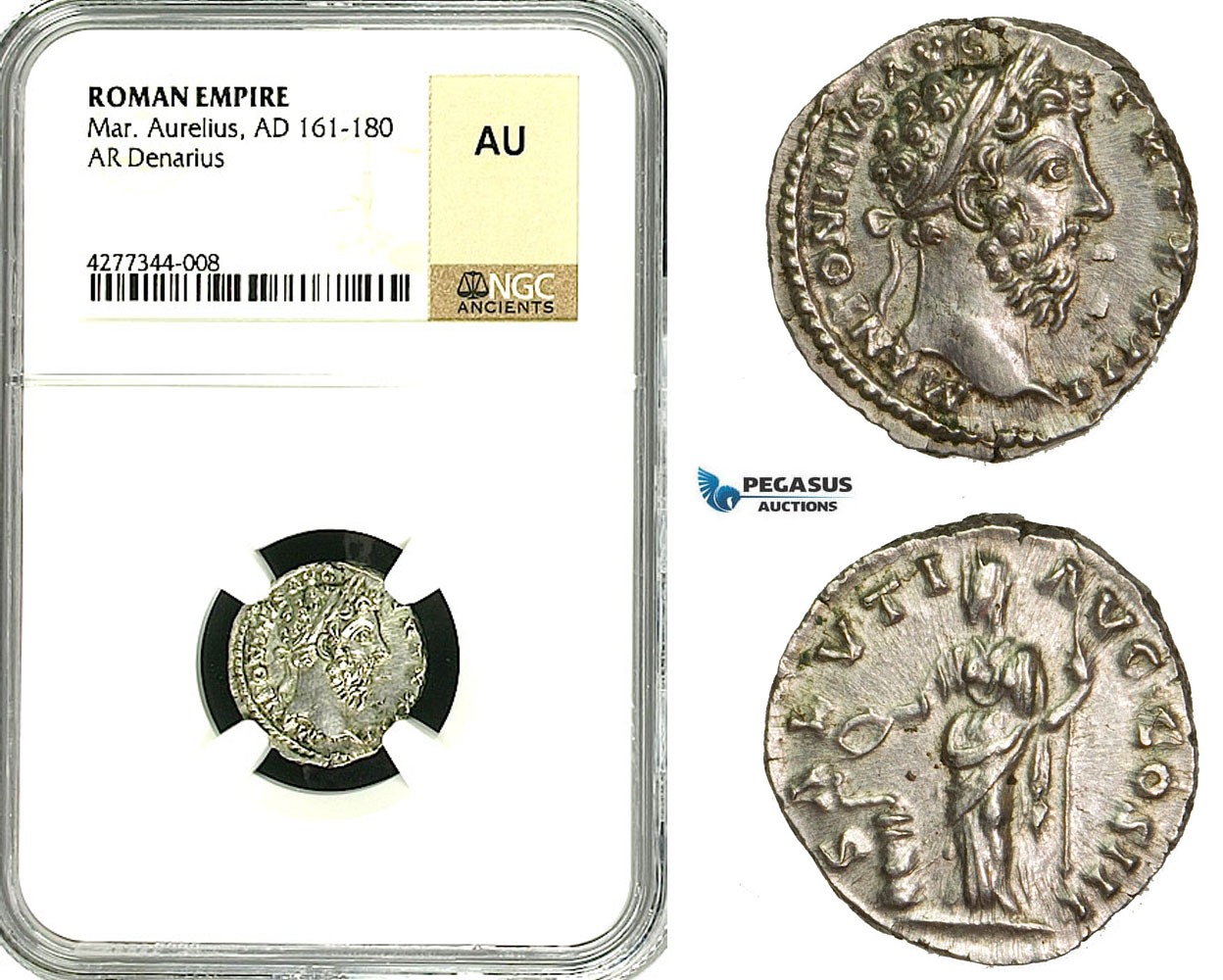 ZC65, Roman Empire, Marcus Aurelius (161-180 AD), AR Denarius (3.04g) Rome, 162-163 AD, Salus, NGC AU