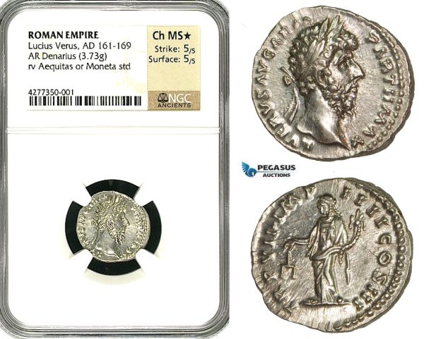 ZC68, Roman Empire, Lucius Verus (161-169 AD), AR Denarius (3.73g) Rome, 167 AD, Aequitas, NGC Ch MS★