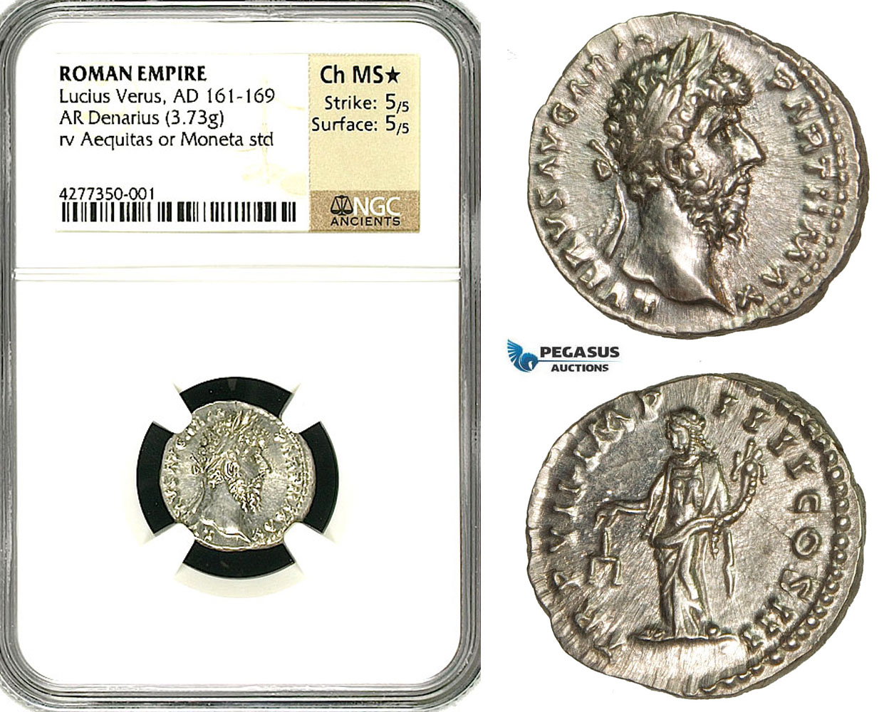 ZC68, Roman Empire, Lucius Verus (161-169 AD), AR Denarius (3.73g) Rome, 167 AD, Aequitas, NGC Ch MS★