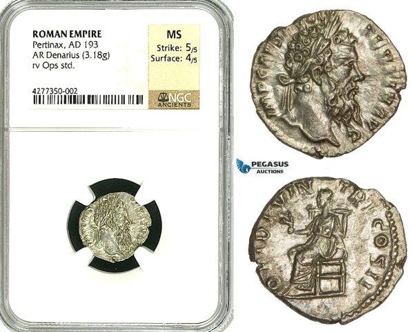 ZC70, Roman Empire, Pertinax (193 AD), AR Denarius (3.18g) Rome, 193 AD, Ops, NGC MS