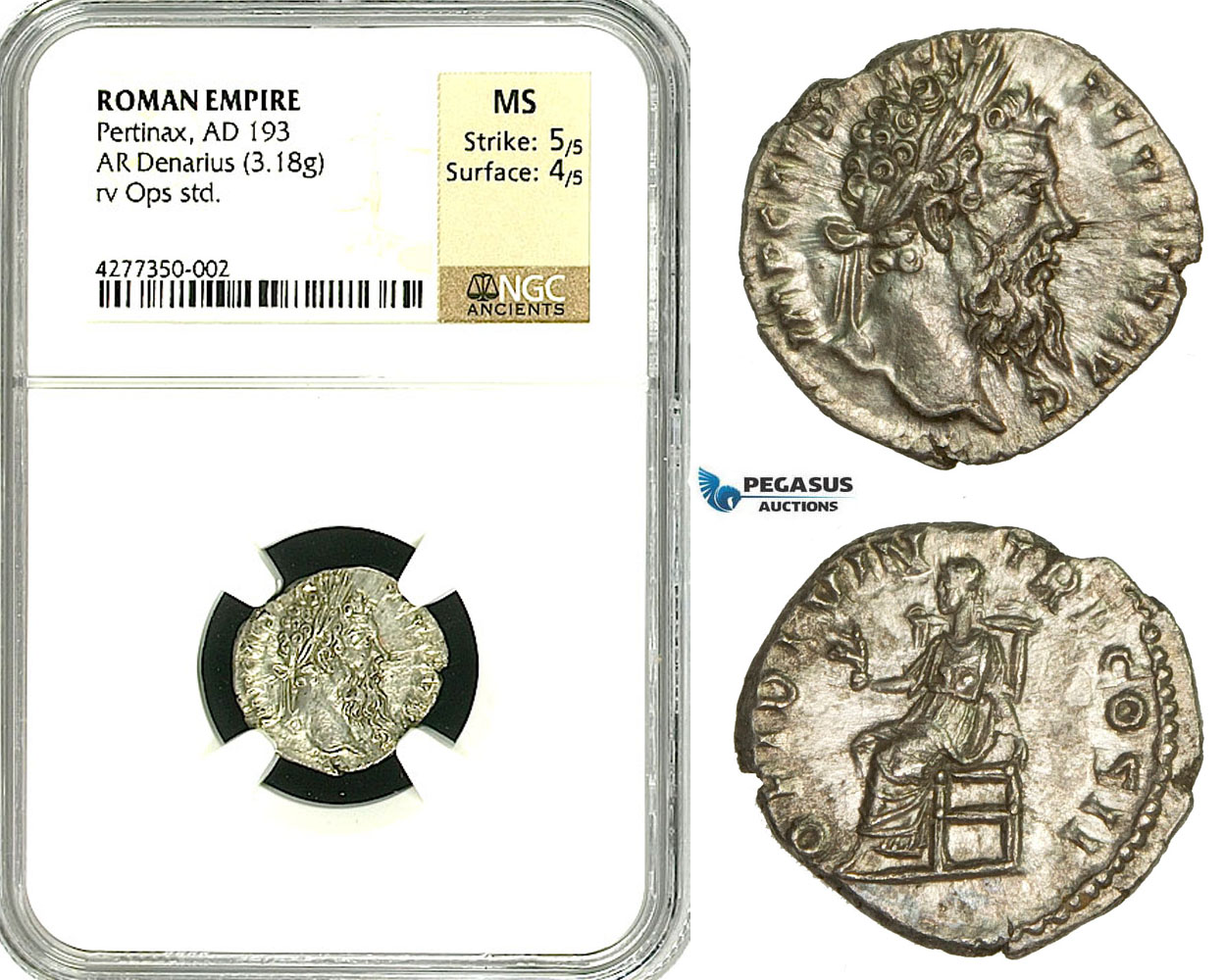 ZC70, Roman Empire, Pertinax (193 AD), AR Denarius (3.18g) Rome, 193 AD, Ops, NGC MS