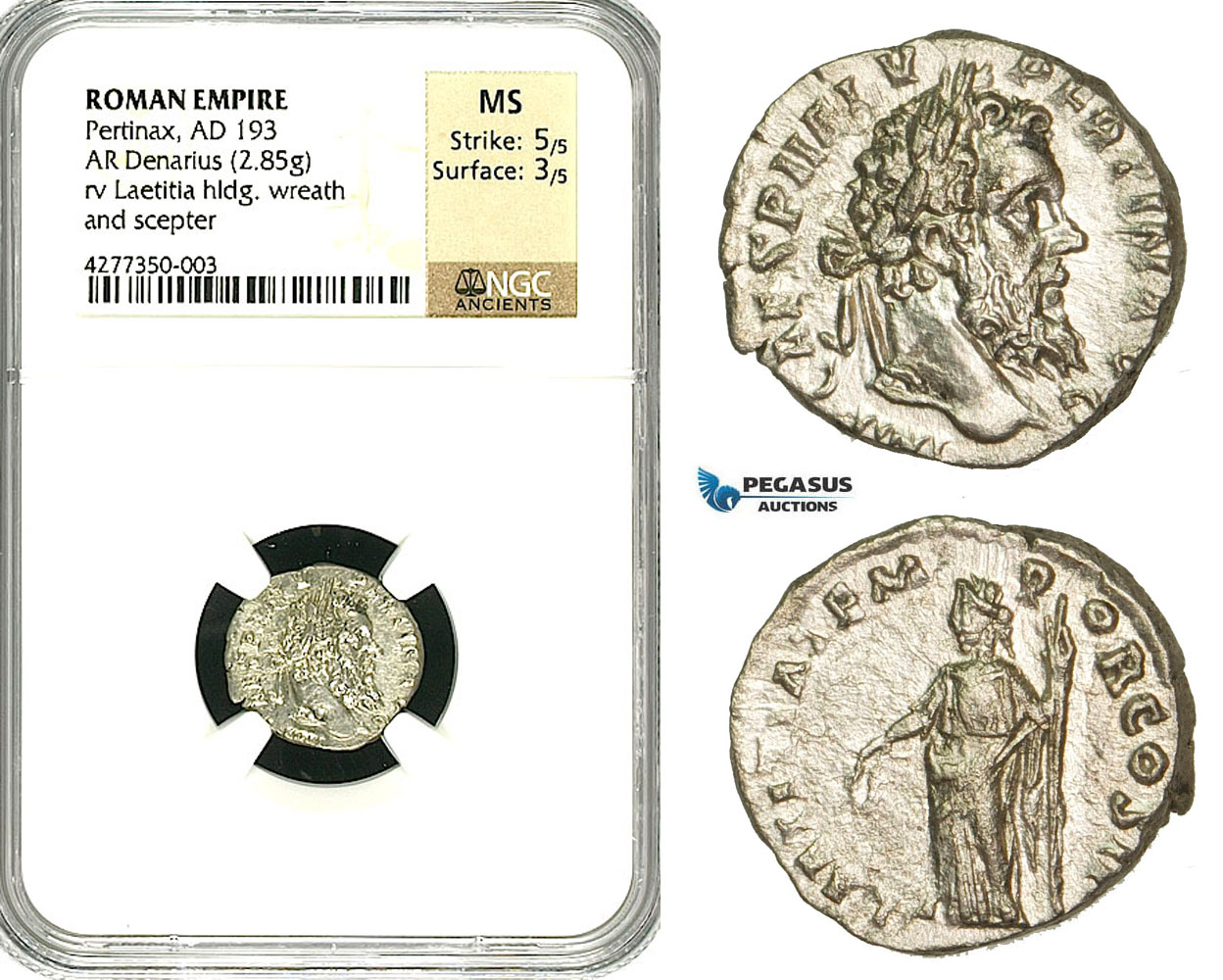 ZC71, Roman Empire, Pertinax (193 AD), AR Denarius (2.85g) Rome, 193 AD, Laetitia, NGC MS
