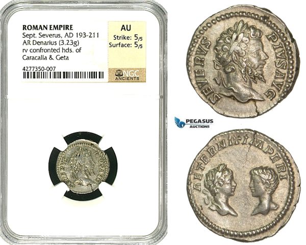 ZC72, Roman Empire, Septimius Severus (193-211 AD), AR Denarius (3.23g) Rome, 201 AD, Caracalla & Geta, NGC AU