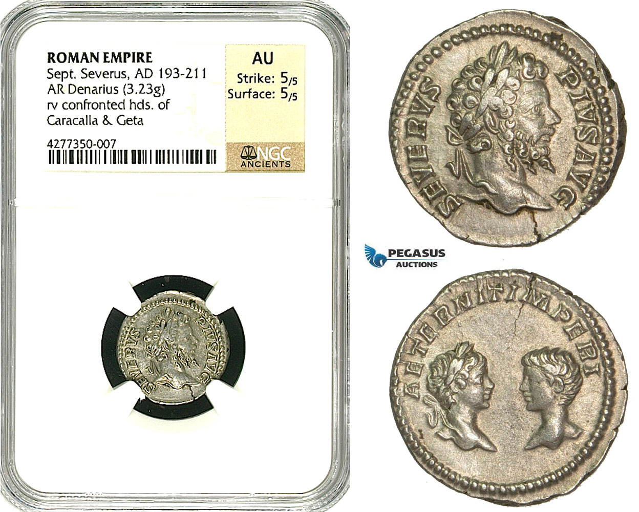 ZC72, Roman Empire, Septimius Severus (193-211 AD), AR Denarius (3.23g) Rome, 201 AD, Caracalla & Geta, NGC AU