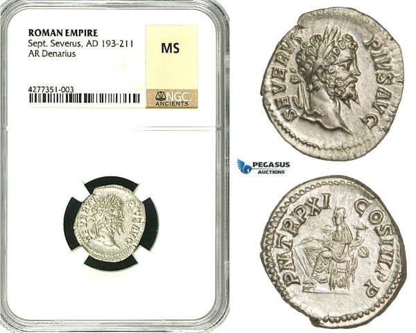 ZC75, Roman Empire, Septimius Severus (193-211 AD), AR Denarius (3.44g) Rome, 203 AD, Fortuna, NGC MS