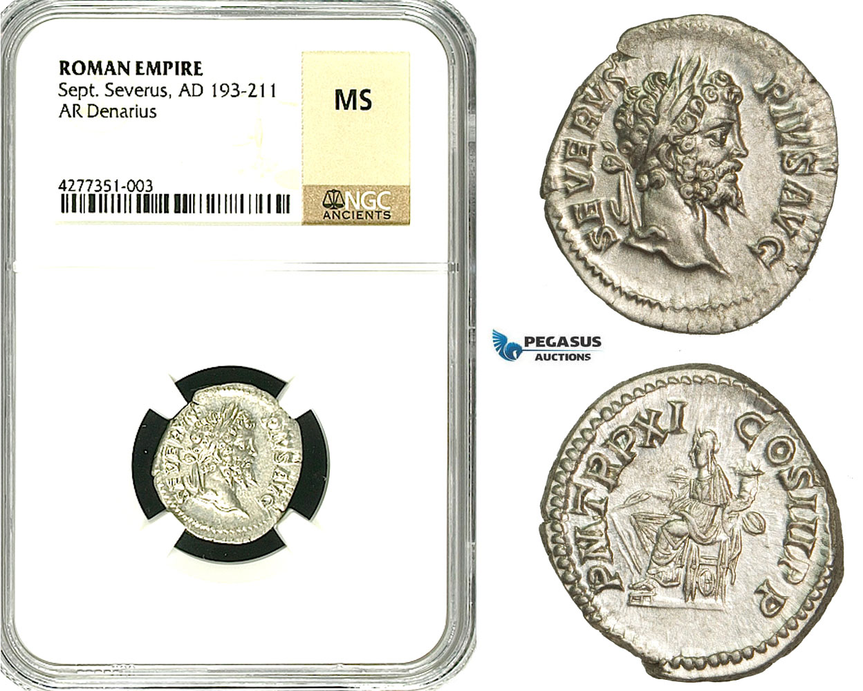 ZC75, Roman Empire, Septimius Severus (193-211 AD), AR Denarius (3.44g) Rome, 203 AD, Fortuna, NGC MS