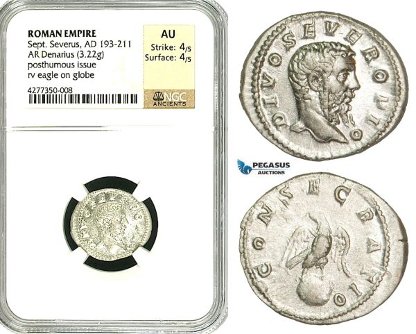 ZC77, Roman Empire, Divus Septimius Severus (d. 211 AD), AR Denarius (3.22g) Rome, 211 AD (under Caracalla) Eagle, NGC AU
