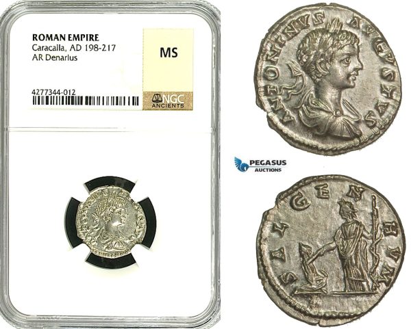 ZC82, Roman Empire, Caracalla (197-217 AD), AR Denarius (2.73g) Laodicea, 201 AD, Salus, NGC MS
