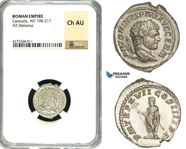 ZC83, Roman Empire, Caracalla (197-217 AD), AR Denarius (3.27g) Rome, Genius, NGC Ch AU