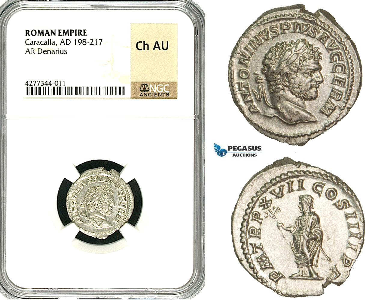 ZC83, Roman Empire, Caracalla (197-217 AD), AR Denarius (3.27g) Rome, Genius, NGC Ch AU