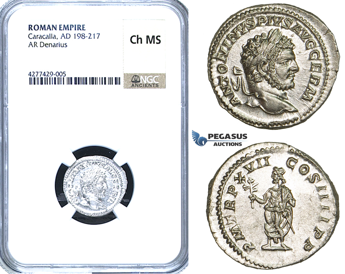 ZC85, Roman Empire, Caracalla (198-217 AD) AR Denarius, Rome, 214 AD, Genius, NGC Ch MS