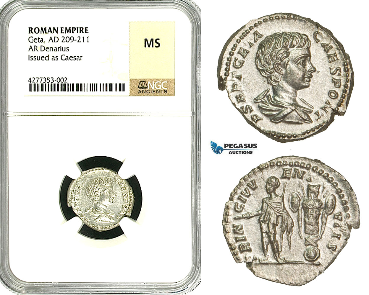 ZC86, Roman Empire, Geta (198-209 AD), AR Denarius (3.00g) Rome, Trophy, NGC MS
