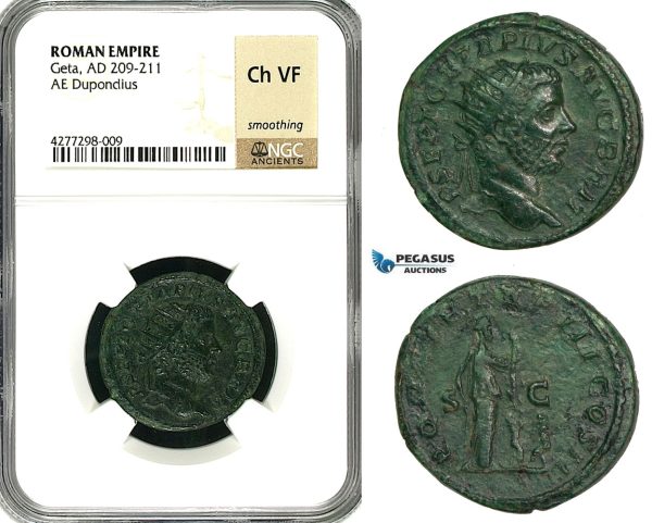 ZC87, Roman Empire, Geta (209-212 AD) Æ Dupondius (13.54g) Rome, 211 AD, Pietas, NGC Ch VF