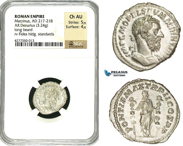 ZC88, Roman Empire, Macrinus (217-218AD), AR Denarius (3.24g) Rome, 218 AD, Fides, NGC Ch AU