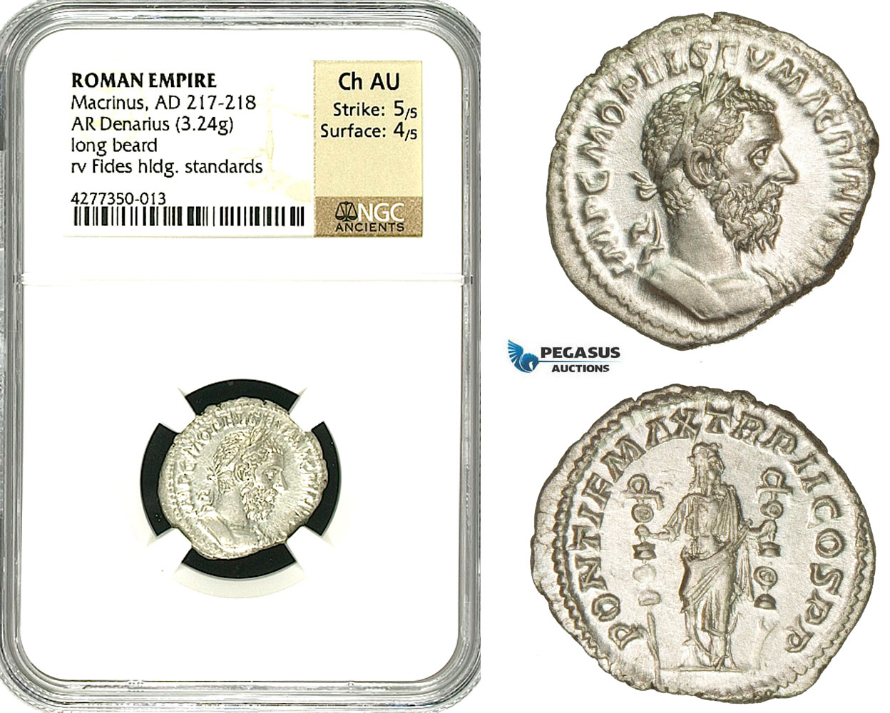 ZC88, Roman Empire, Macrinus (217-218AD), AR Denarius (3.24g) Rome, 218 AD, Fides, NGC Ch AU