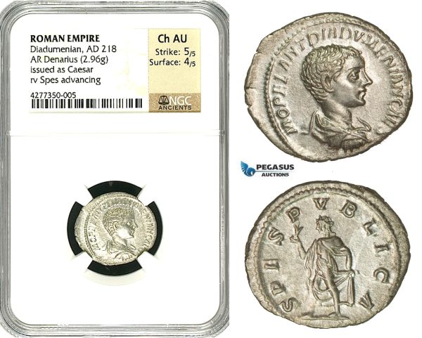 ZC90, Roman Empire, Diadumenian as Caesar (217-218 AD), AR Denarius (2.96g) Rome, 218 AD, (Under Macrinus) Spes, NGC Ch AU