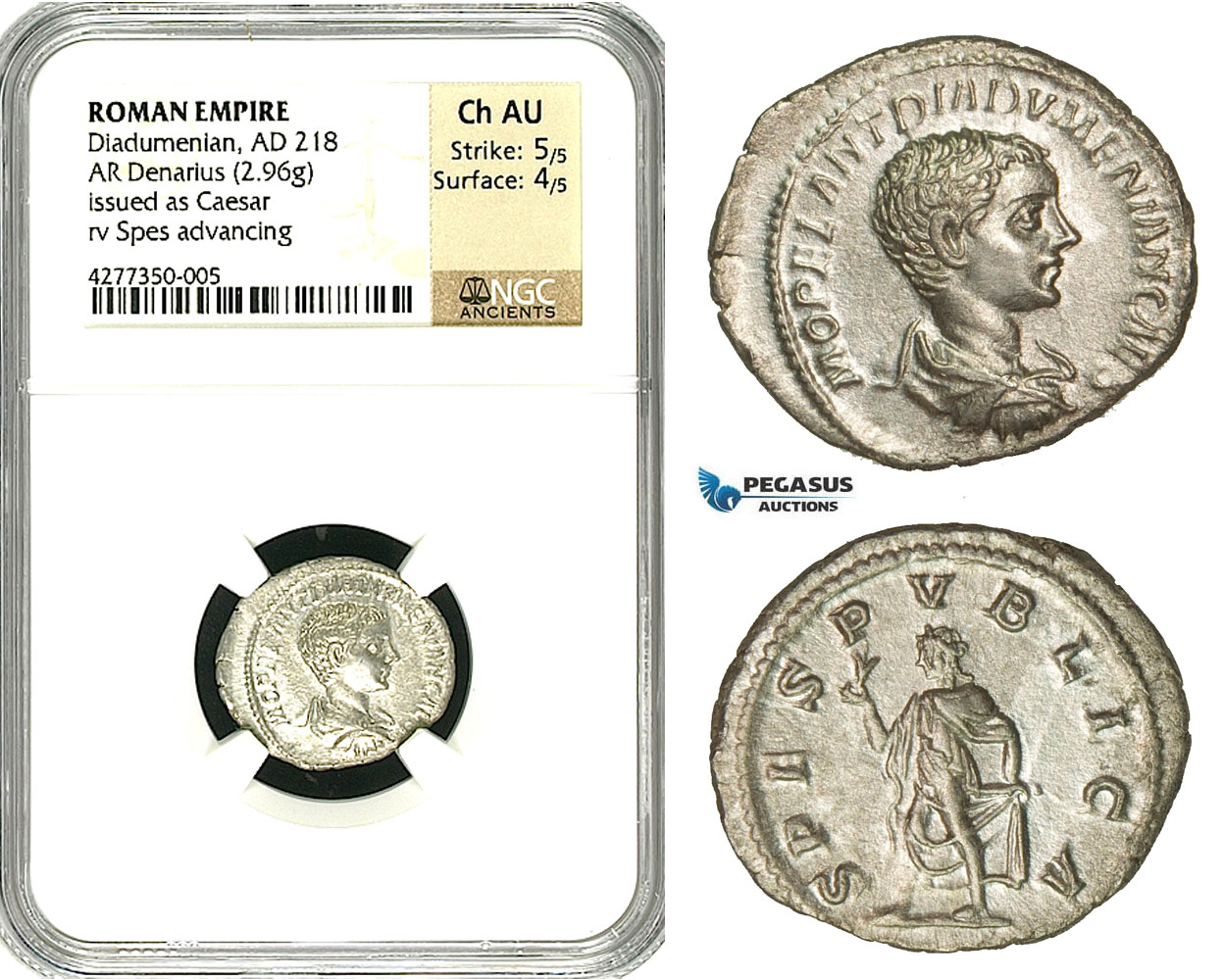 ZC90, Roman Empire, Diadumenian as Caesar (217-218 AD), AR Denarius (2.96g) Rome, 218 AD, (Under Macrinus) Spes, NGC Ch AU