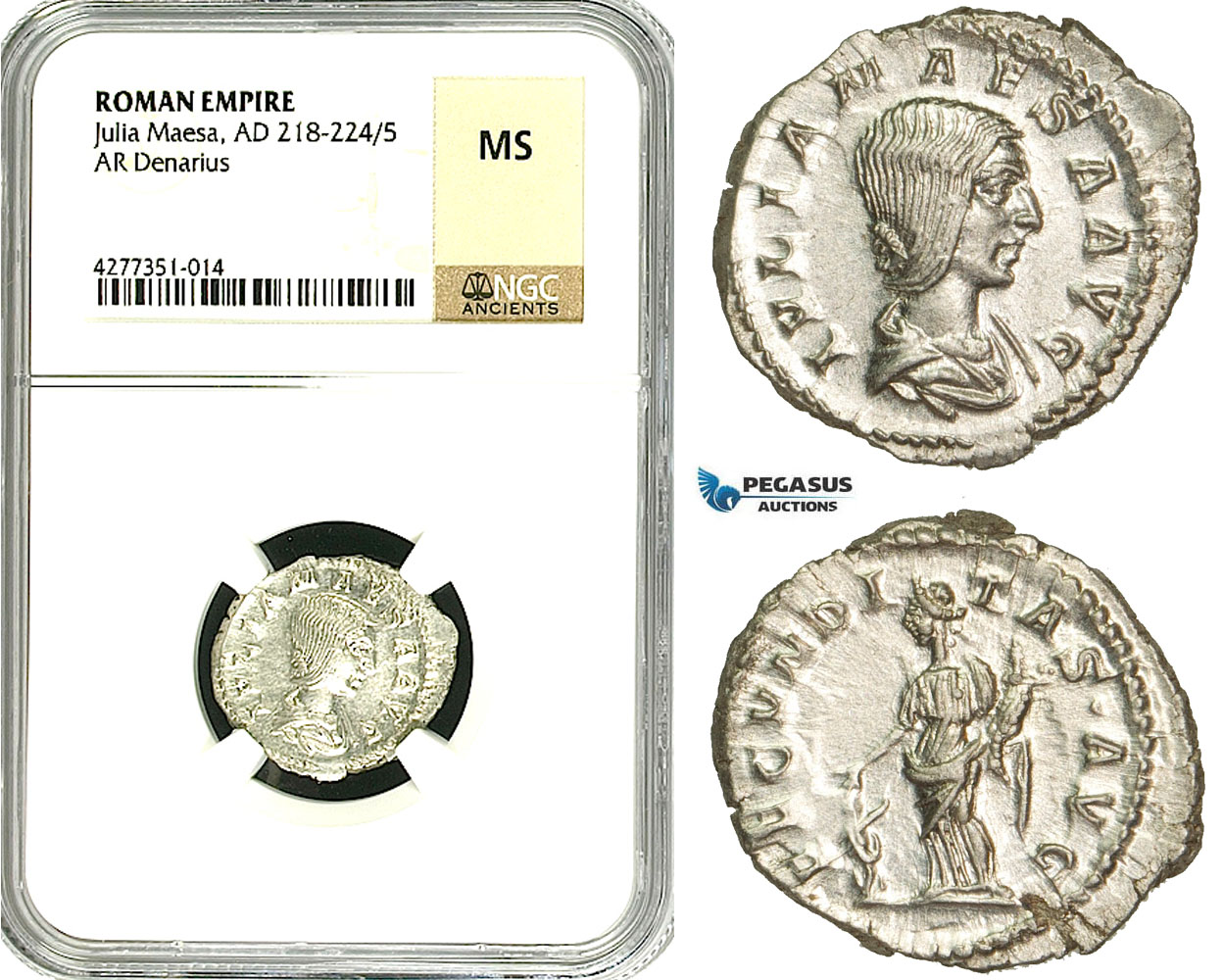 ZC93, Roman Empire, Julia Maesa Augusta (218-224 AD), AR Denarius (3.56g) Rome, Fecunditas, NGC MS