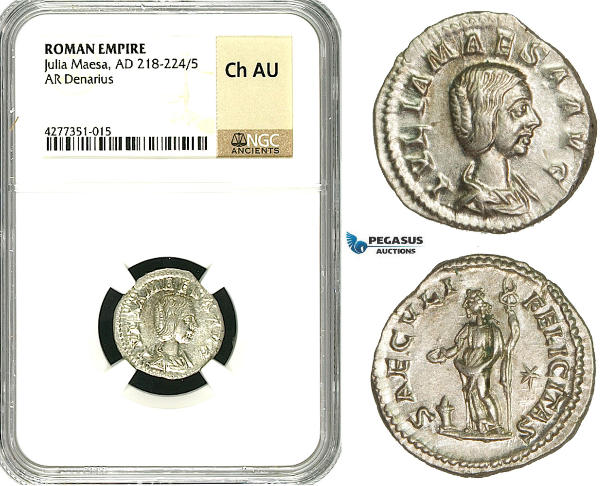 ZC94, Roman Empire, Julia Maesa Augusta (218-224 AD), AR Denarius (3.01g) Rome, 220-222 AD, Felicitas, NGC Ch AU