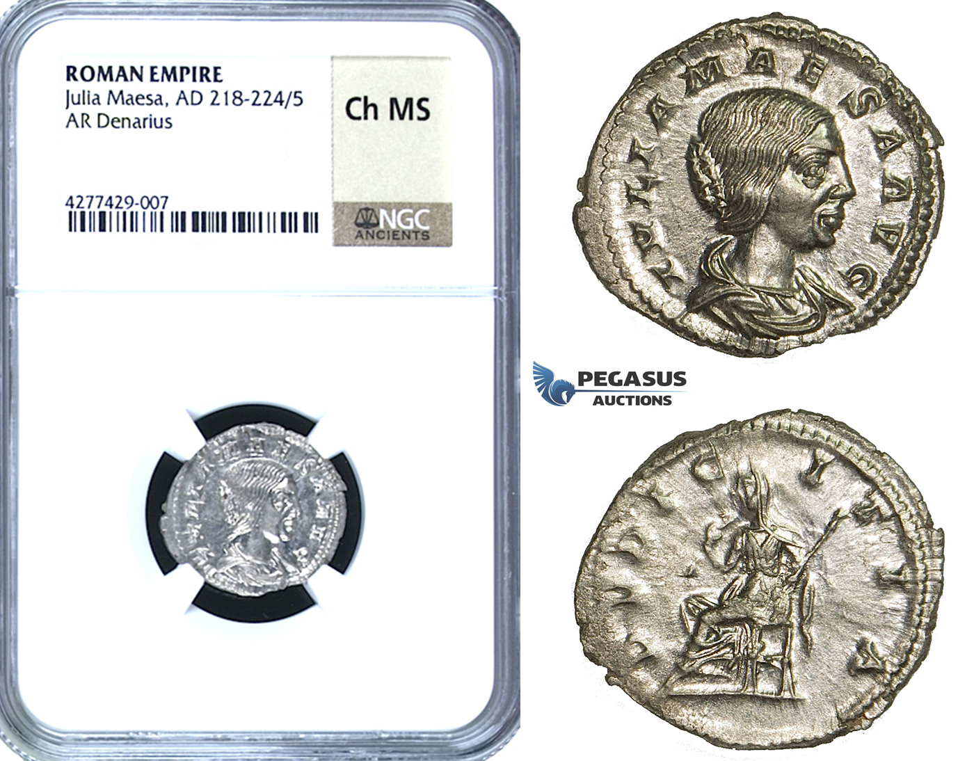 ZC95, Roman Empire, Julia Maesa Augusta (218-224 AD), AR Denarius, Rome, Pudicitia, NGC Ch MS