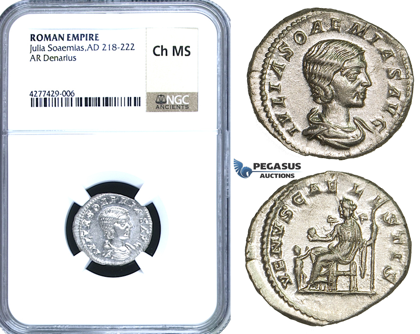 ZC98, Roman Empire, Julia Soemias, Mother of Elagabalus (218-224 AD), AR Denarius,Rome, 220-222 AD, Venus, NGC Ch MS