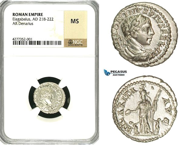 ZC99, Roman Empire, Elagabalus (218-222 AD), AR Denarius (3.07g) Antioch, 218-219 AD, Hilaritas, NGC MS