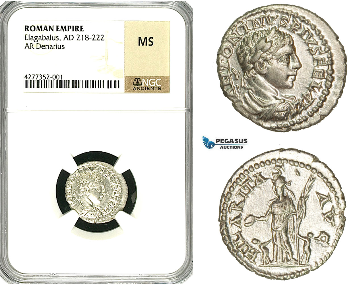 ZC99, Roman Empire, Elagabalus (218-222 AD), AR Denarius (3.07g) Antioch, 218-219 AD, Hilaritas, NGC MS