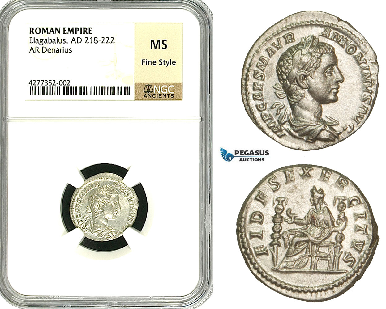ZD01, Roman Empire, Elagabalus (218-222 AD), AR Denarius (3.91g) Rome, 218-219 AD, Fides, NGC MS, Fine Style