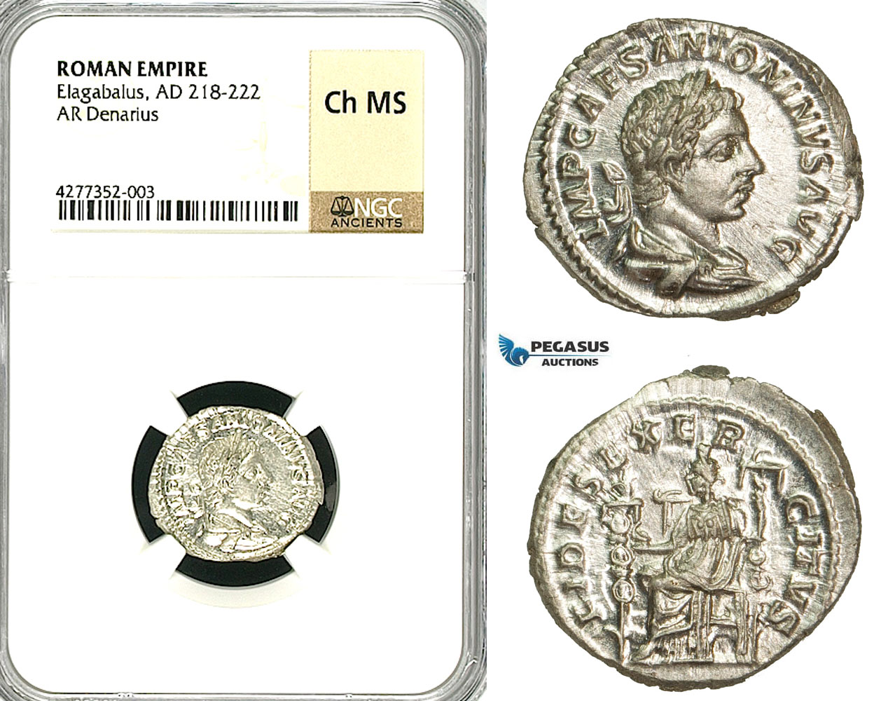 ZD02, Roman Empire, Elagabalus (218-222 AD), AR Denarius (3.28g) Rome, 218-219 AD, Fides, NGC Ch MS