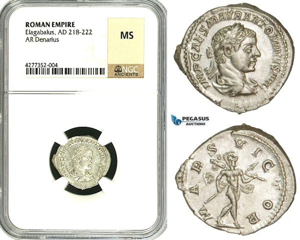 ZD03, Roman Empire, Elagabalus (218-222 AD), AR Denarius (3.74g) Rome, 218-222 AD, Mars, NGC MS