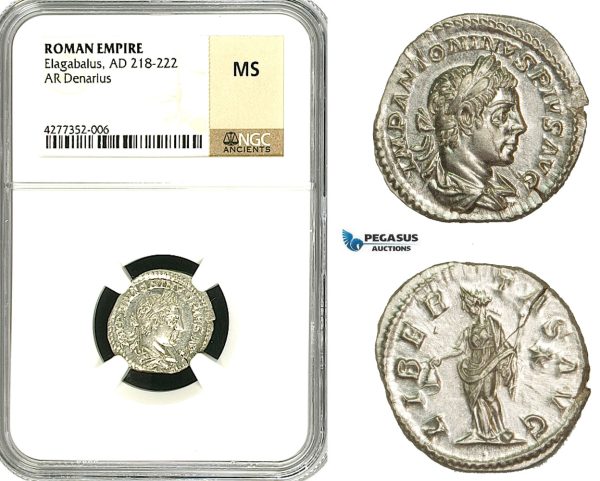 ZD04, Roman Empire, Elagabalus (218-222 AD), AR Denarius (3.13g) Rome, 220-221 AD, Libertas, NGC MS