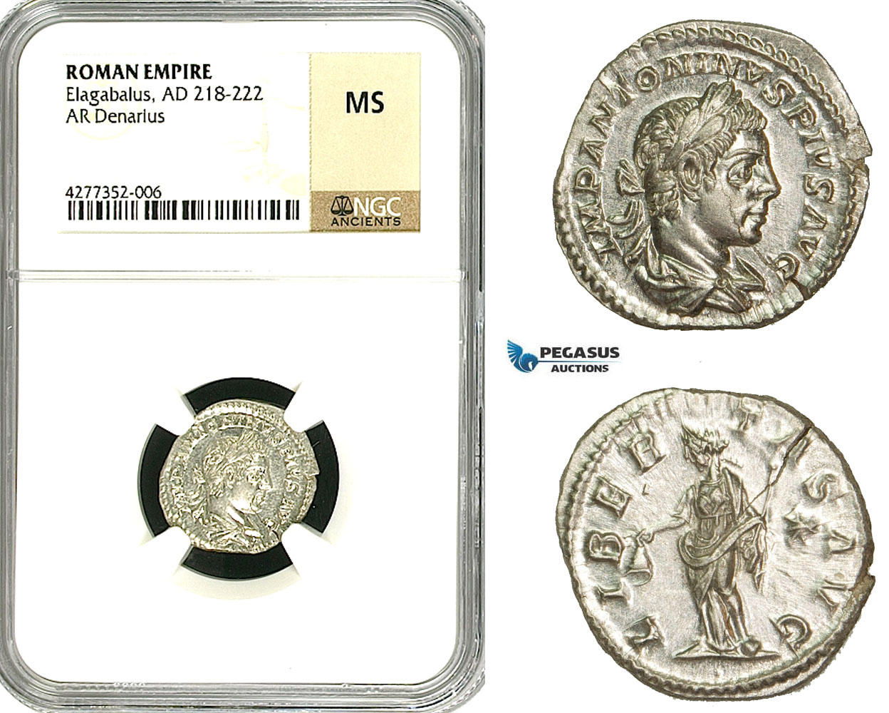 ZD04, Roman Empire, Elagabalus (218-222 AD), AR Denarius (3.13g) Rome, 220-221 AD, Libertas, NGC MS